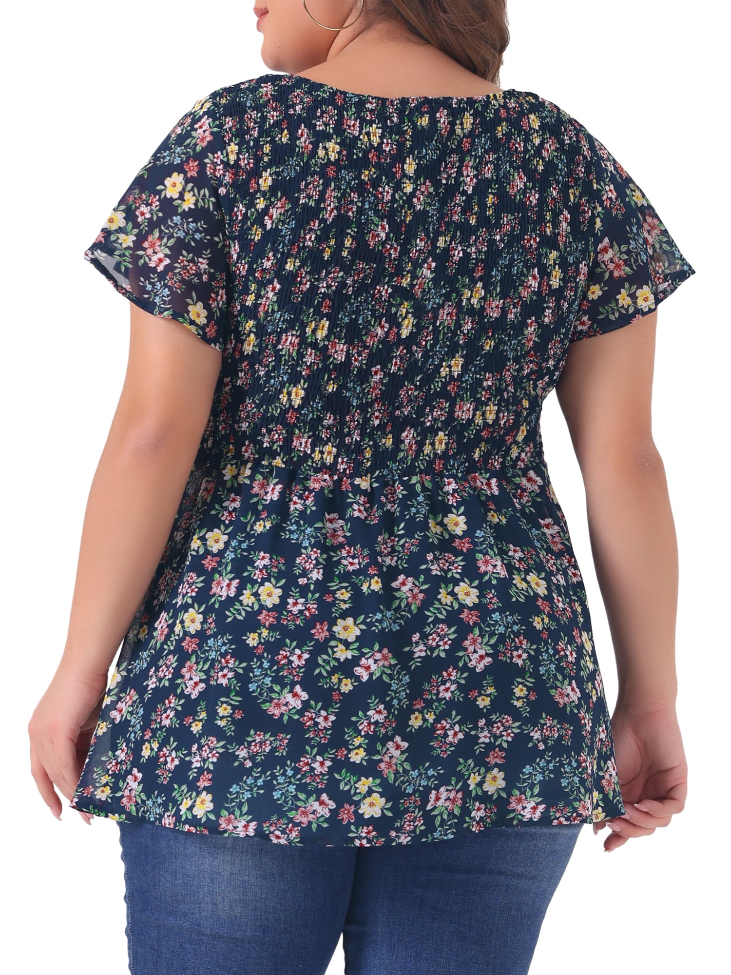 DARING DIVA Women's Plus Chiffon Flare Short Sleeves Floral Top 3X Navy Blue