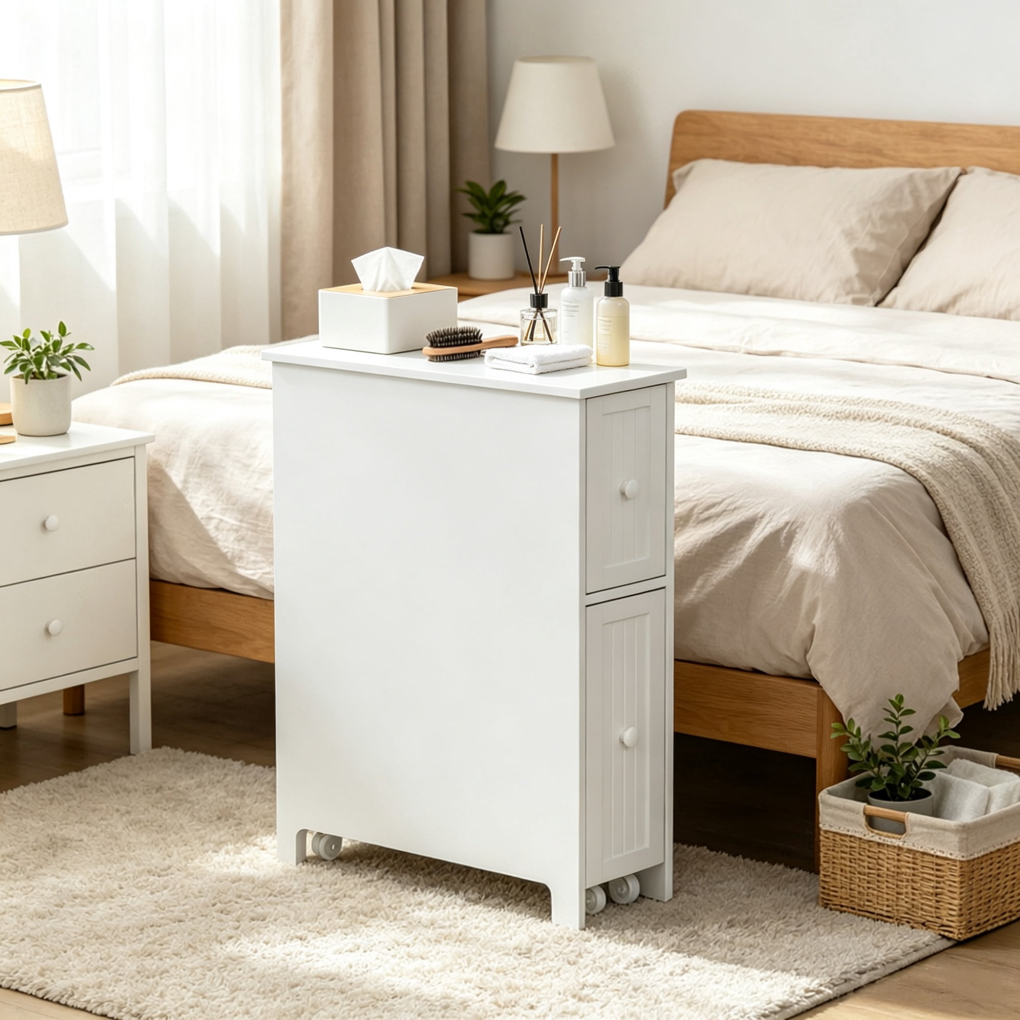 Bathroom Cabinet Freestanding Storage with Toilet Paper Holder 2 Drawers Side Towel Rack Wheels, White 7x20.5x24.75 Inches
