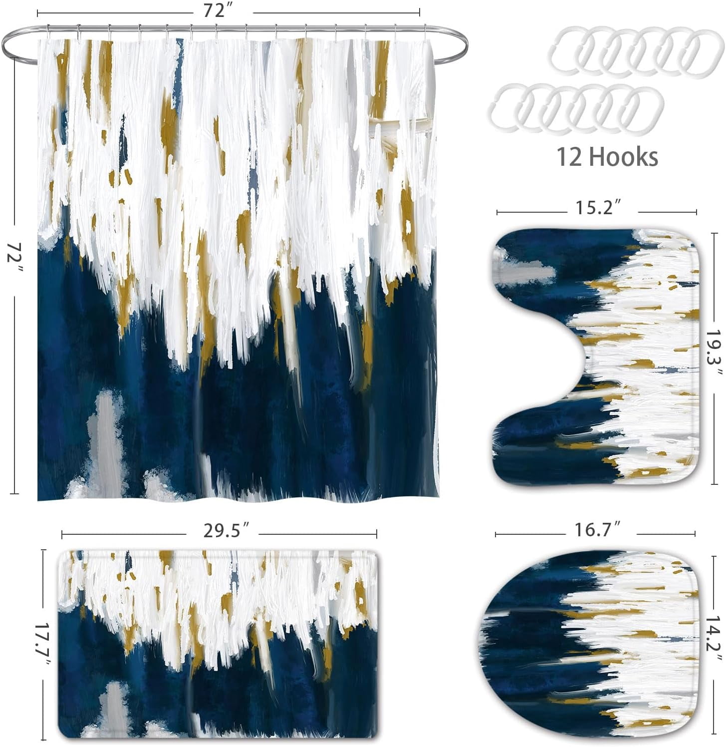 Zrodlmo Abstract Blue Ombre Fabric Shower Curtain and Rug Sets, 16pc Modern Bathroom Curtain Sets, 72" x 72", Blue