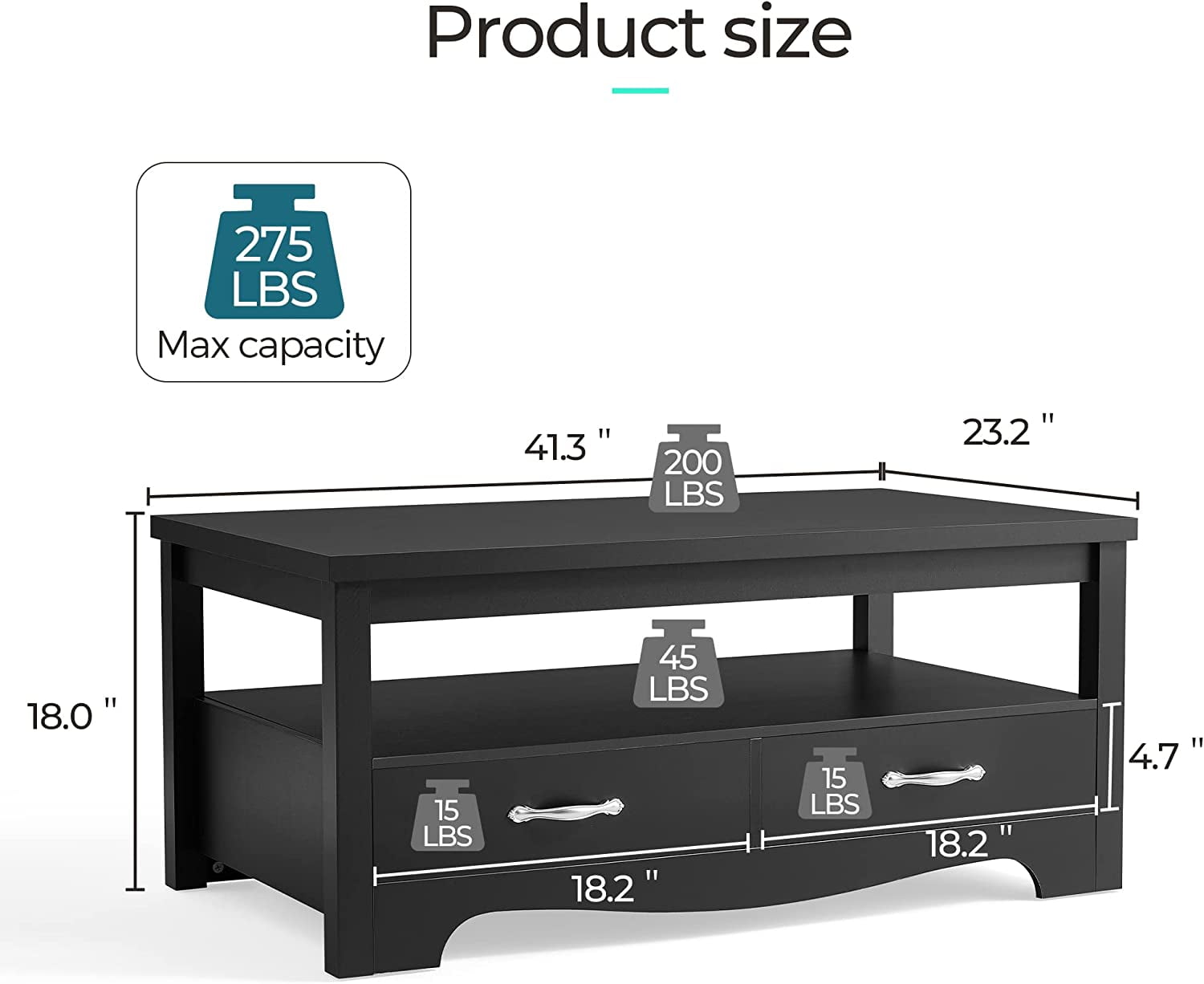 LINSY HOME Coffee Table with Storage Drawers, Wooden Farmhouse TV Stand Center Table for Living Room, Black