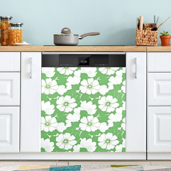 White Flowers with Petals Dishwasher Magnet Cover Magnetic Fridge Door Cover Home Kitchen Decor 23"x 26"