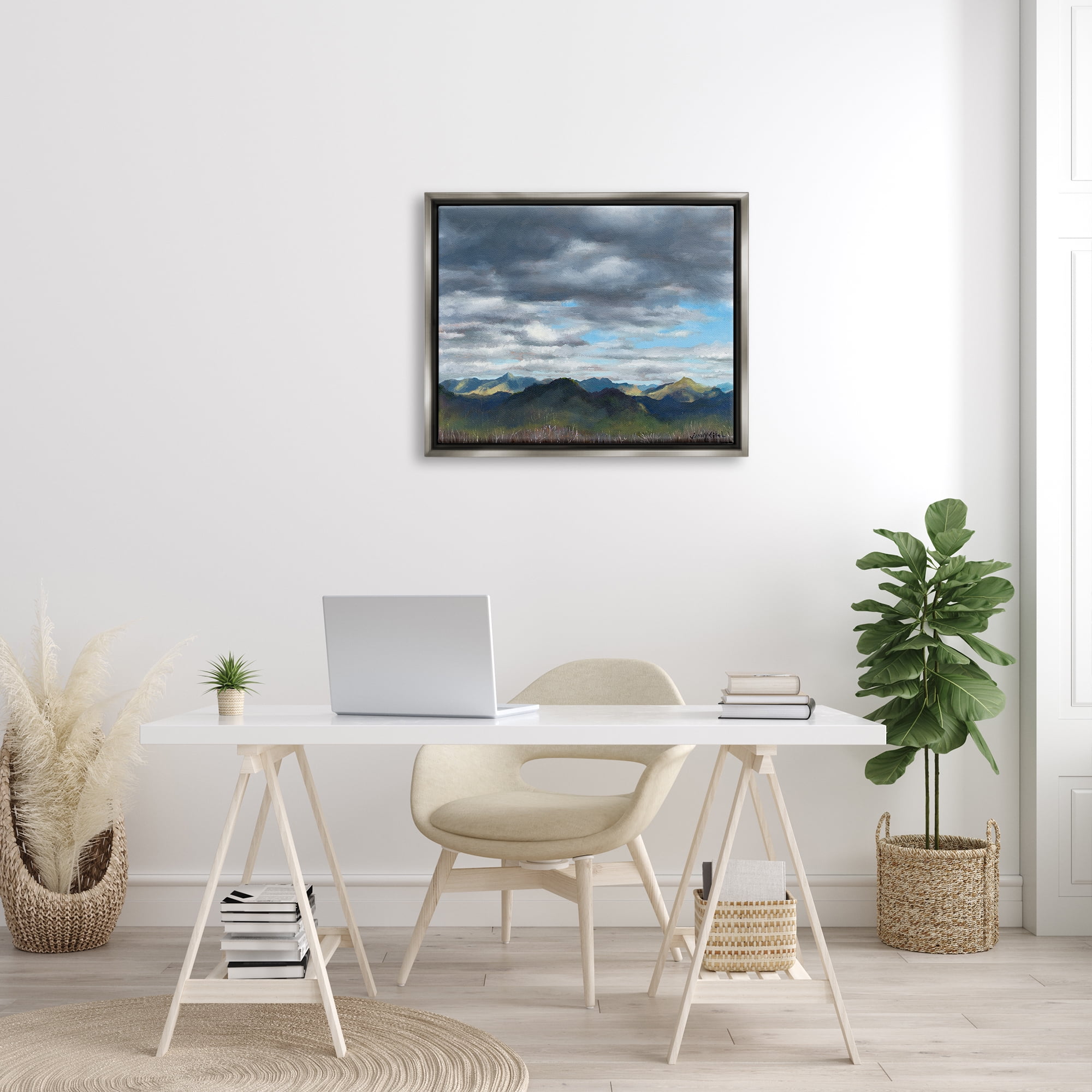 Stupell Industries Overhanging Clouds Rural Mountain Range Peaks Landscape Painting Luster Gray Floating Framed Canvas Print Wall Art, Design by unknown