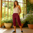 thumbnail image 6 of TQWQT Pedal Pushers for Women Drawstring Cotton Linen Capri Pants Dressy Casual Wide Leg High Waisted Work Lounge Pants Trendy Summer Palazzo Trousers with Pockets Wine L, 6 of 9