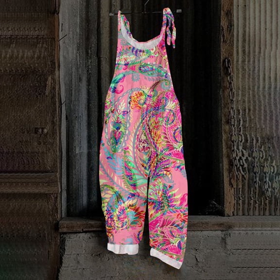 Boho Linen Jumpsuits for Women Floral Baggy Bib Patchwork Gardening Overalls Summer Casual Vintage Hippie Clothes Pink M