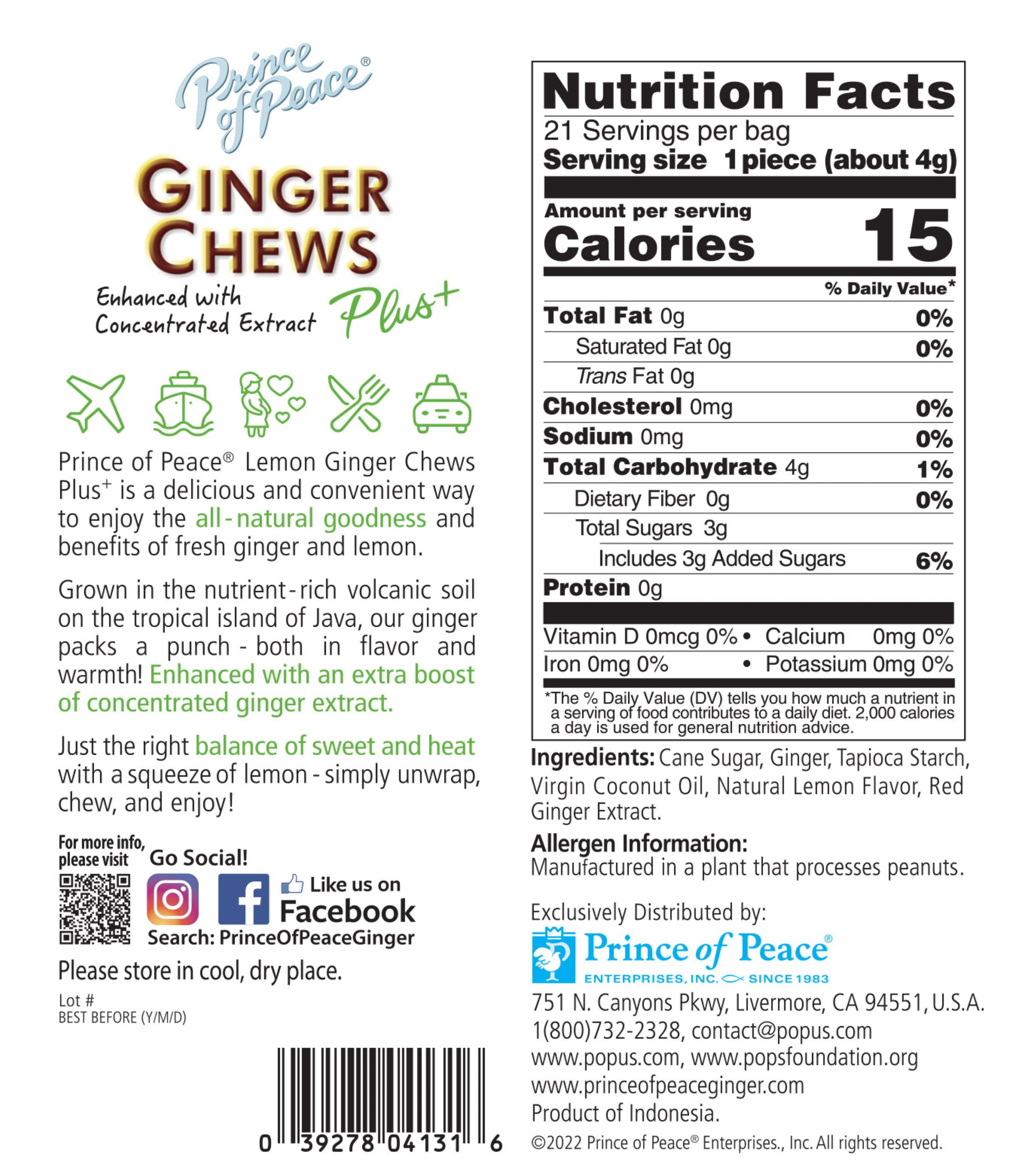 Prince of Peace Ginger Chews Plus Lemon, 3 oz Bag for Upset Stomach Indigestion Nausea and Morning Sickness