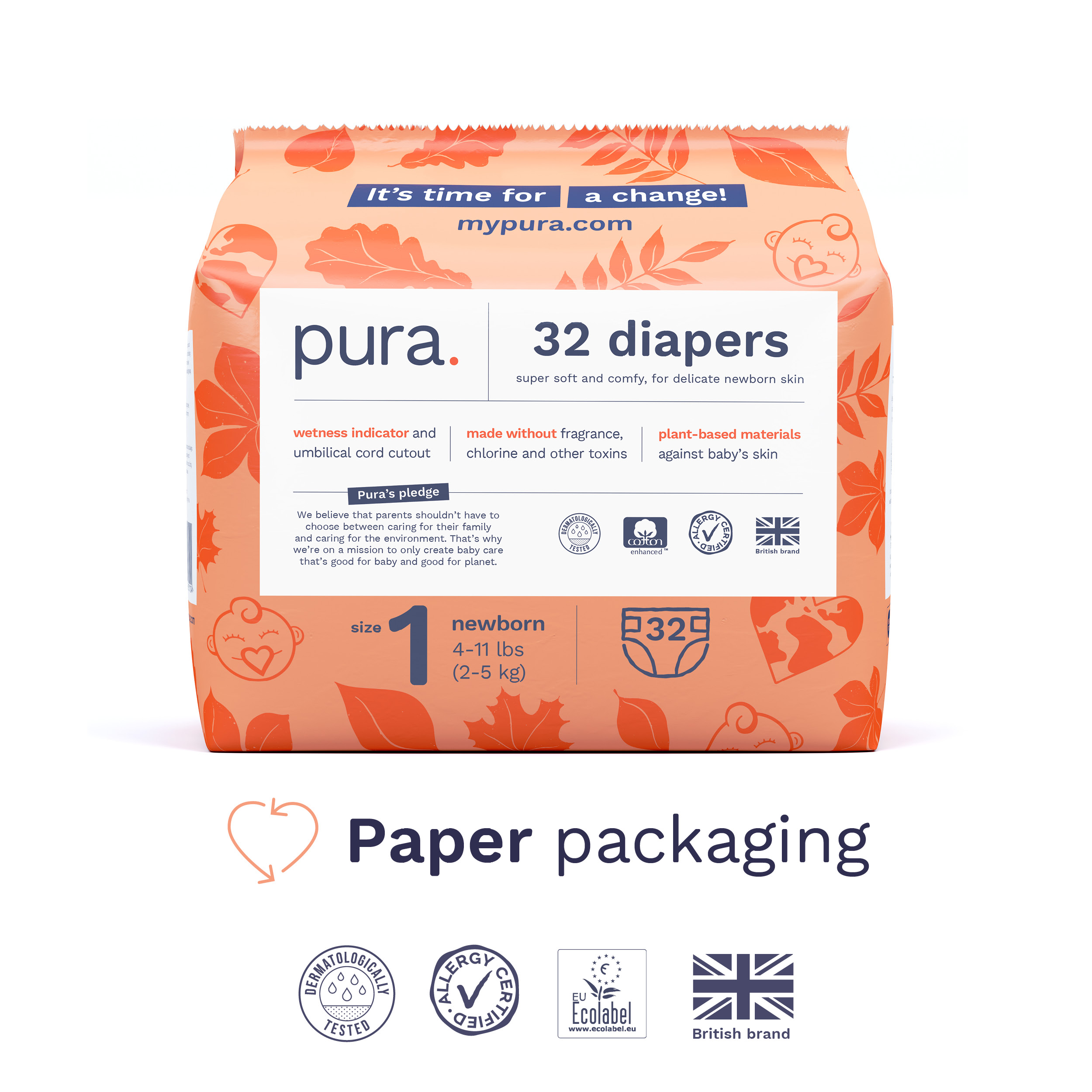 (2 pack) Pura Sensitive Soft Sustainable Baby Diapers Size 1, 32 Count (Choose Your Size and Count)