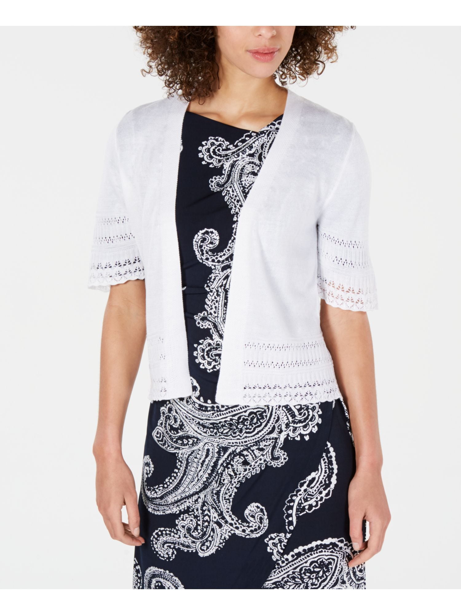 SIGNATURE BY ROBBIE BEE Womens White 3/4 Sleeve Open Cardigan Sweater