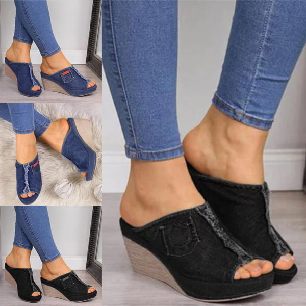 Denim Platform Wedges Women Espadrille Wedges Sandals with Knotty