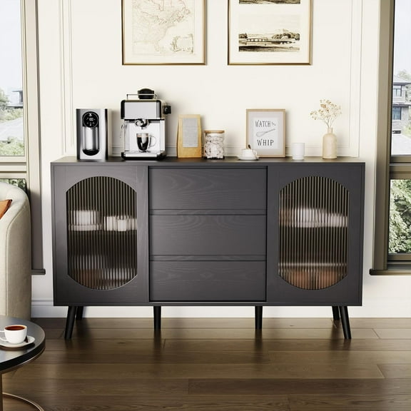 Huloretions Buffet Cabinet with Storage,Accent Sideboard Large Console Table  with Fluted Glass Sliding Doors and Drawers for Dining Room,Kitchen, and Living Room