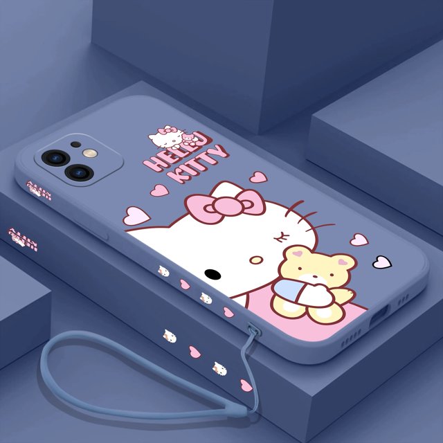 Funny Sanrio Hello Kitty Phone Case For iPhone 15 14 13 12 11 Pro Max Mini X XR XS MAX SE20 8 7 Plus Silicone with Hand Strap RJ