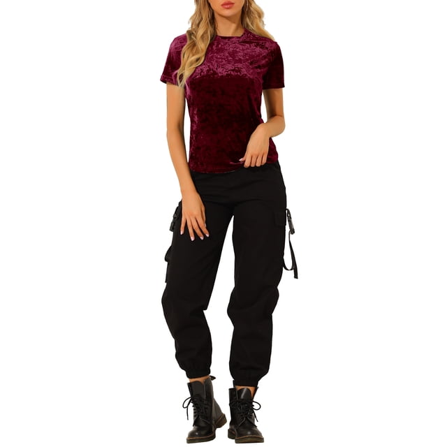 Camiseta de terciopelo de cuello redondo y manga corta para mujer CHIC de fiesta 3XL Burdeos