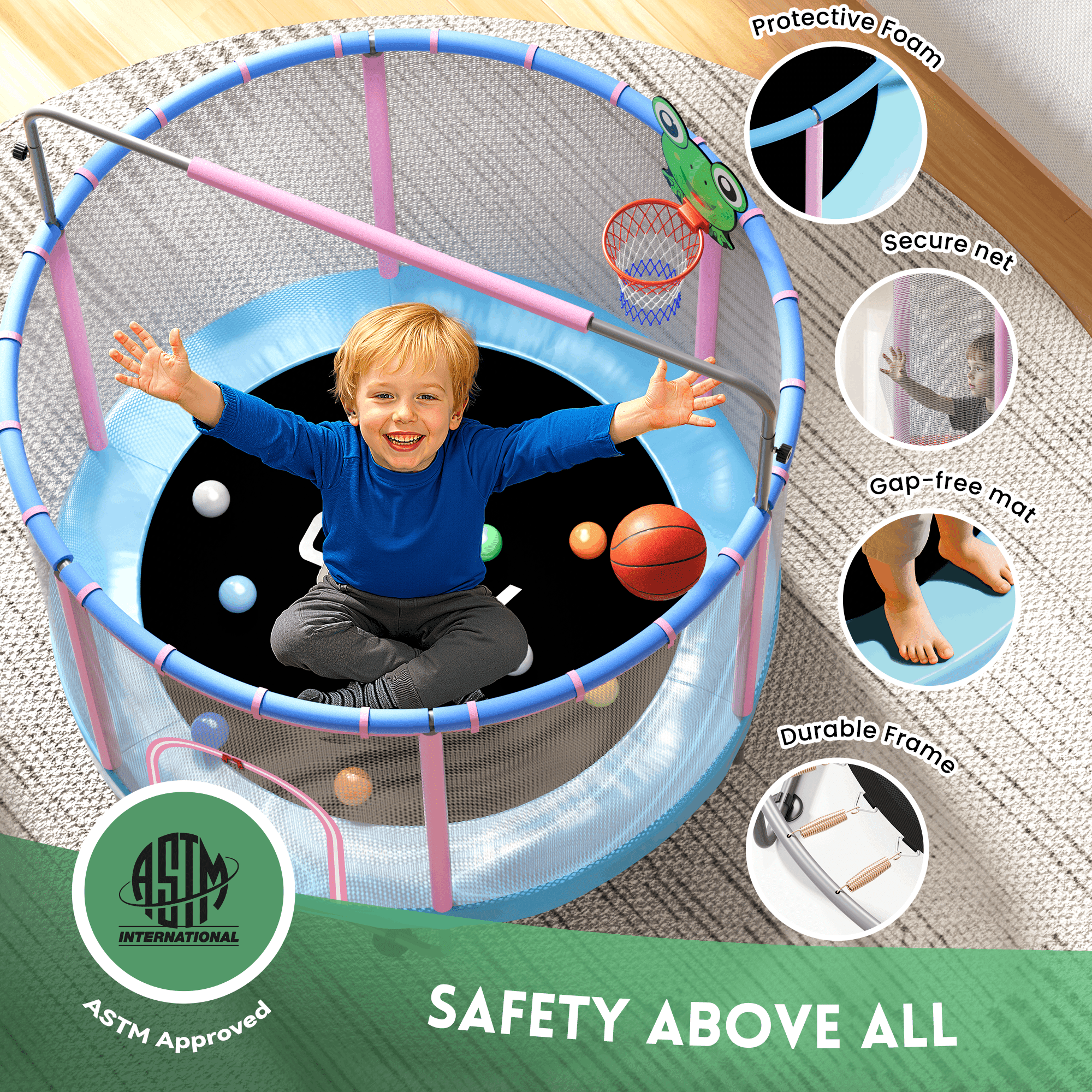 GVDV Trampoline for Kids, 60" Toddler Mini Trampoline with Enclosure Net, Basketball Hoop
