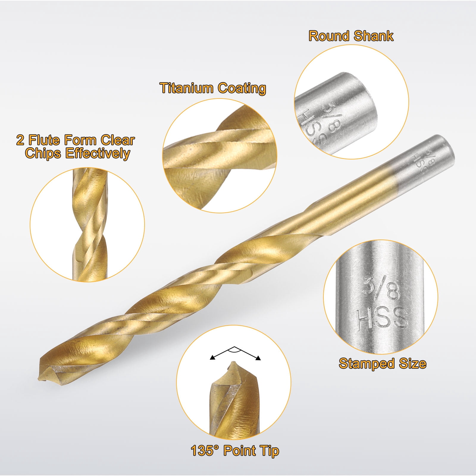 6pcs Titanium Twist Drill Bit 3/8" Drilling Dia High Speed Steel Drills for Hardened Metal, Stainless Steel, Cast Iron, Wood, Plastic