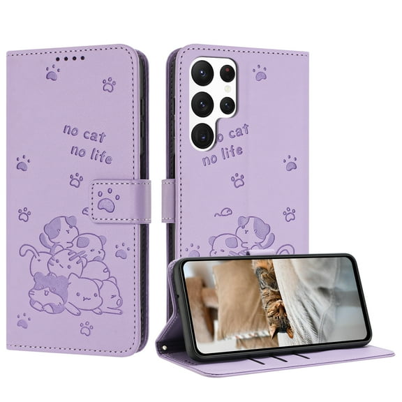 Designed for Samsung Galaxy S25 Ultra Case Wallet,Flip Folio Cover with Cute Cat Embossed PU Leather Stand [RFID Blocking] Credit Card Holders Slots Wrist Strap Full Body Phone Case,Purple