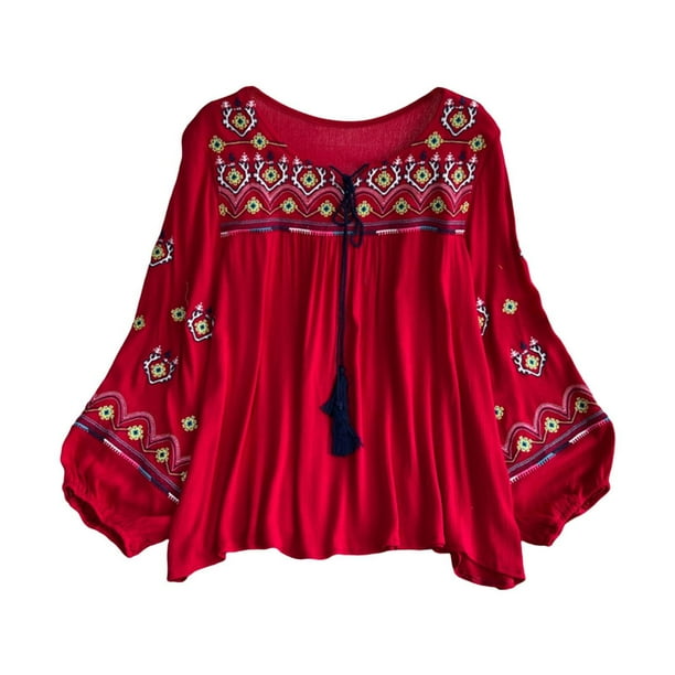 Blusa bordada para mujer, ideal para playa, vacaciones de primavera, uso diario. Rojo