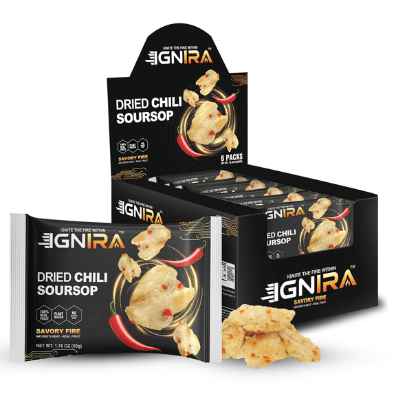 IGNIRA Dried Chili Soursop Fruit Snack, Vegan, Gluten-Free, Real Fruit Snack, Savory Fire energy Pack of 6 (10.56 oz)