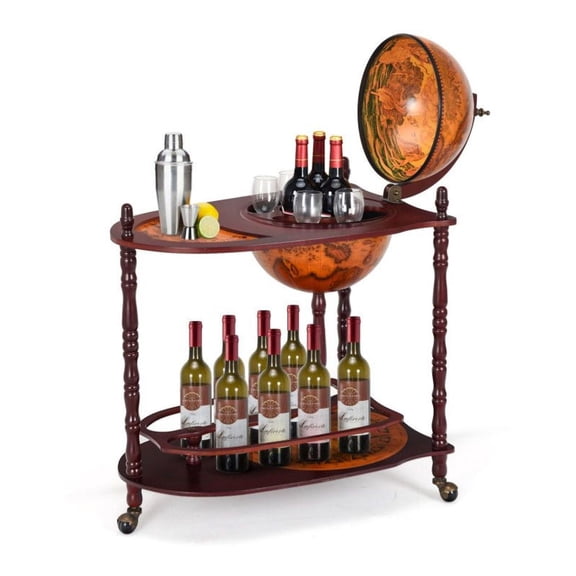 Vintage Globe Bar Cart Wine Cabinet with Shelf - 27.5" Wood Rolling Bar for Home Kitchen Office Modern Decor, 17 lbs
