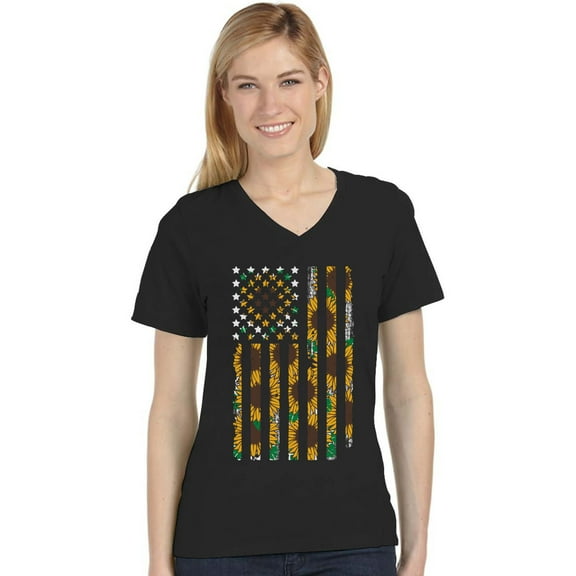 American Flag Sunflower Tstars Women's V-Neck T-Shirt - Patriotic 4th of July Fitted Top - Perfect Independence Day Gift for Sunflower Lovers - Women's Summer Apparel - XX-Large Black