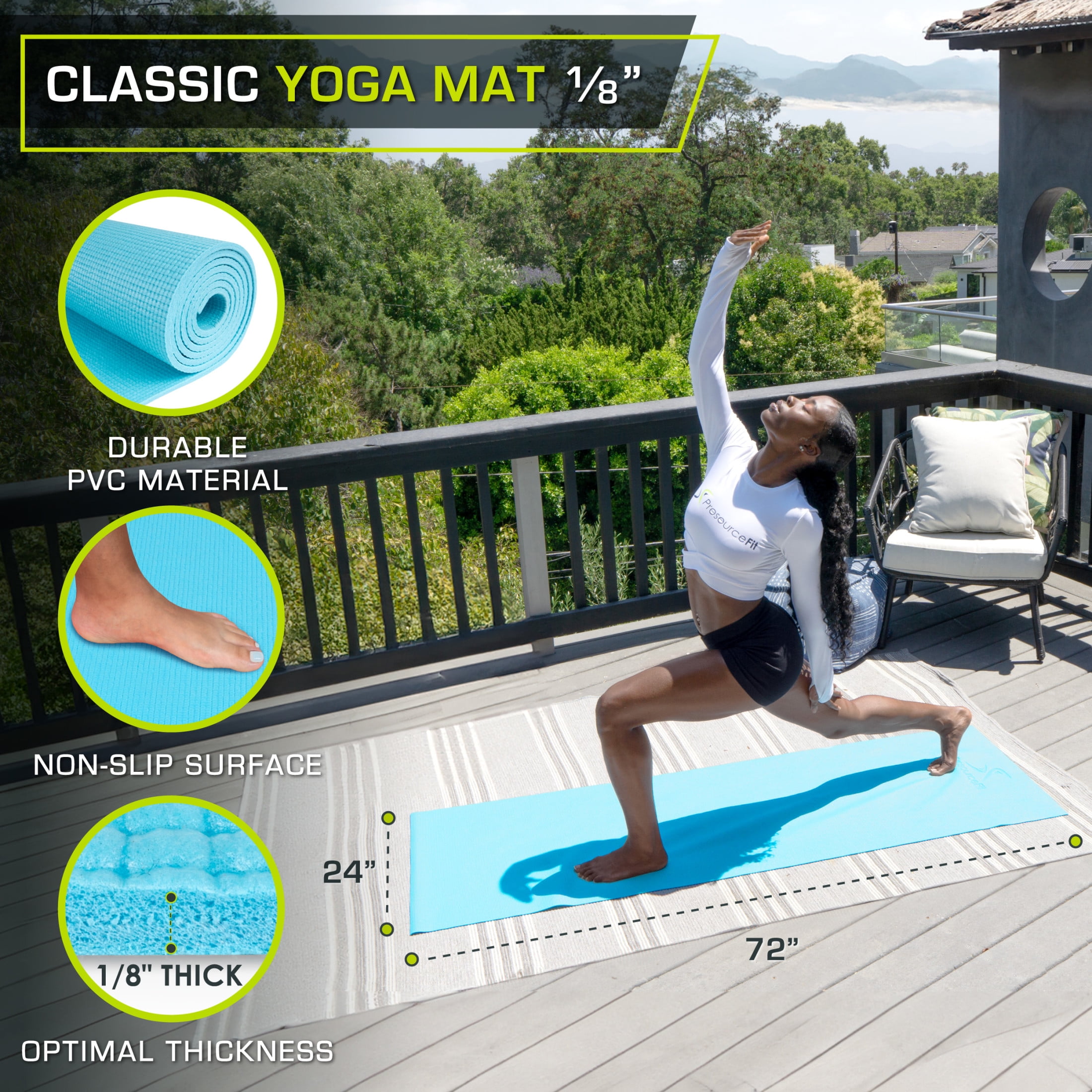ProsourceFit Classic Yoga Mat 1/8”, 3mm Thick Extra Long 72" for Stability