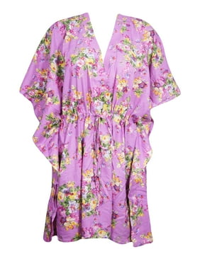 Mogul Women Purple Floral Tunic Dress Cotton Kimono Sleeves Knee Length Comfy Loose Kaftan Beach Cover Up Short Caftan Dresses One Size
