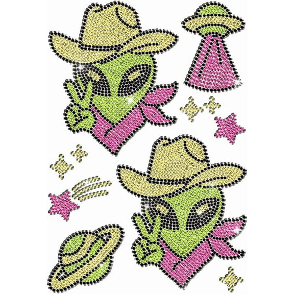 Rhinestone Iron on Transfer Aliens and Spaceship Bling Diamond Hotfix Patches for Clothes 11.6"x8.2" Large Iron On Sequin Applique for Jeans Jacket Caps Bag T-Shirts Shoes DIY Decor for DIY