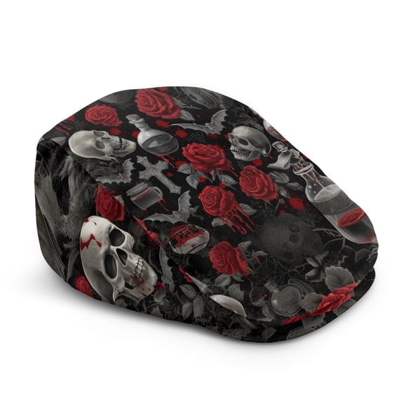 FUIALDOLG Skull Rose Bats Print Beret Hat, Lightweight Retro Newsboy Hat Heavy-Duty Forward Newsboy Hat for Driving Summer