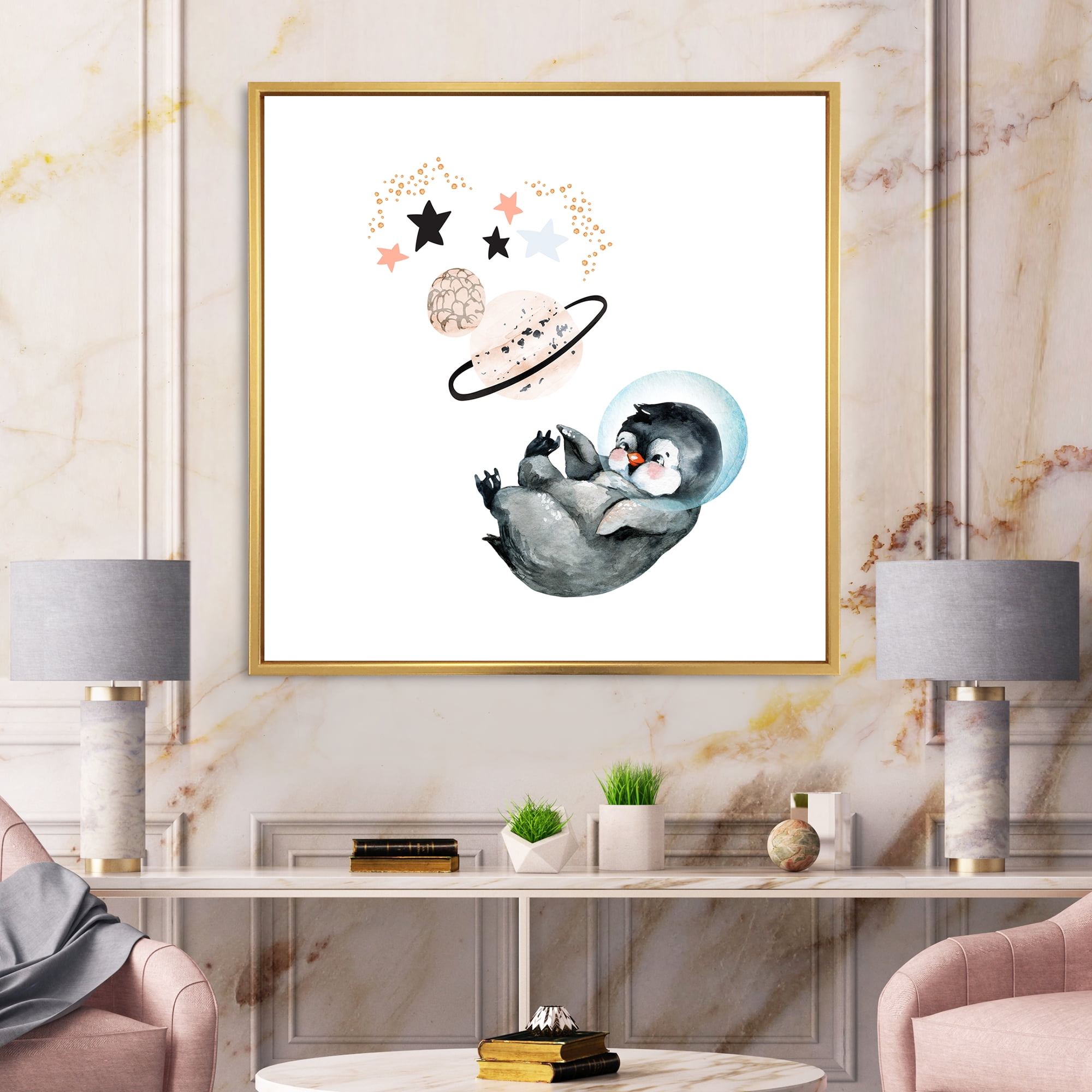 Designart 'Little Penguin With Planets and Stars I' Farmhouse Framed Canvas Wall Art Print