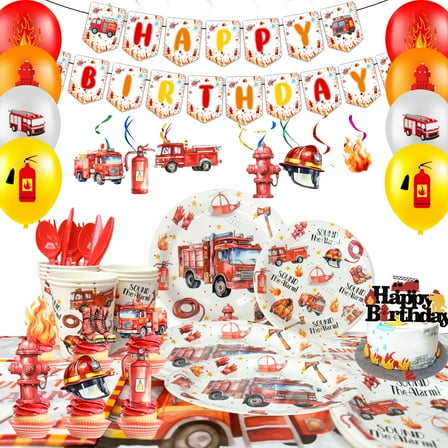 Fire Truck Birthday Party Supplies,103pcs Firetruck Birthday Decorations & Tableware Set - Fire Truck Party Plates Cups & Fire Truck Cake Toppers Banner etc Firefighter Birthday Party Decorations