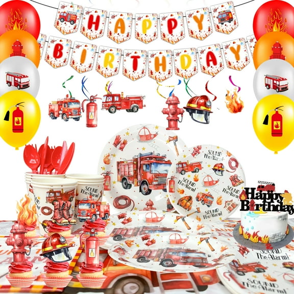 Fire Truck Birthday Party Supplies,103pcs Firetruck Birthday Decorations & Tableware Set - Fire Truck Party Plates Cups & Fire Truck Cake Toppers Banner etc Firefighter Birthday Party Decorations