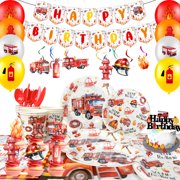 Fire Truck Birthday Party Supplies,103pcs Firetruck Birthday Decorations & Tableware Set - Fire Truck Party Plates Cups & Fire Truck Cake Toppers Banner etc Firefighter Birthday Party Decorations