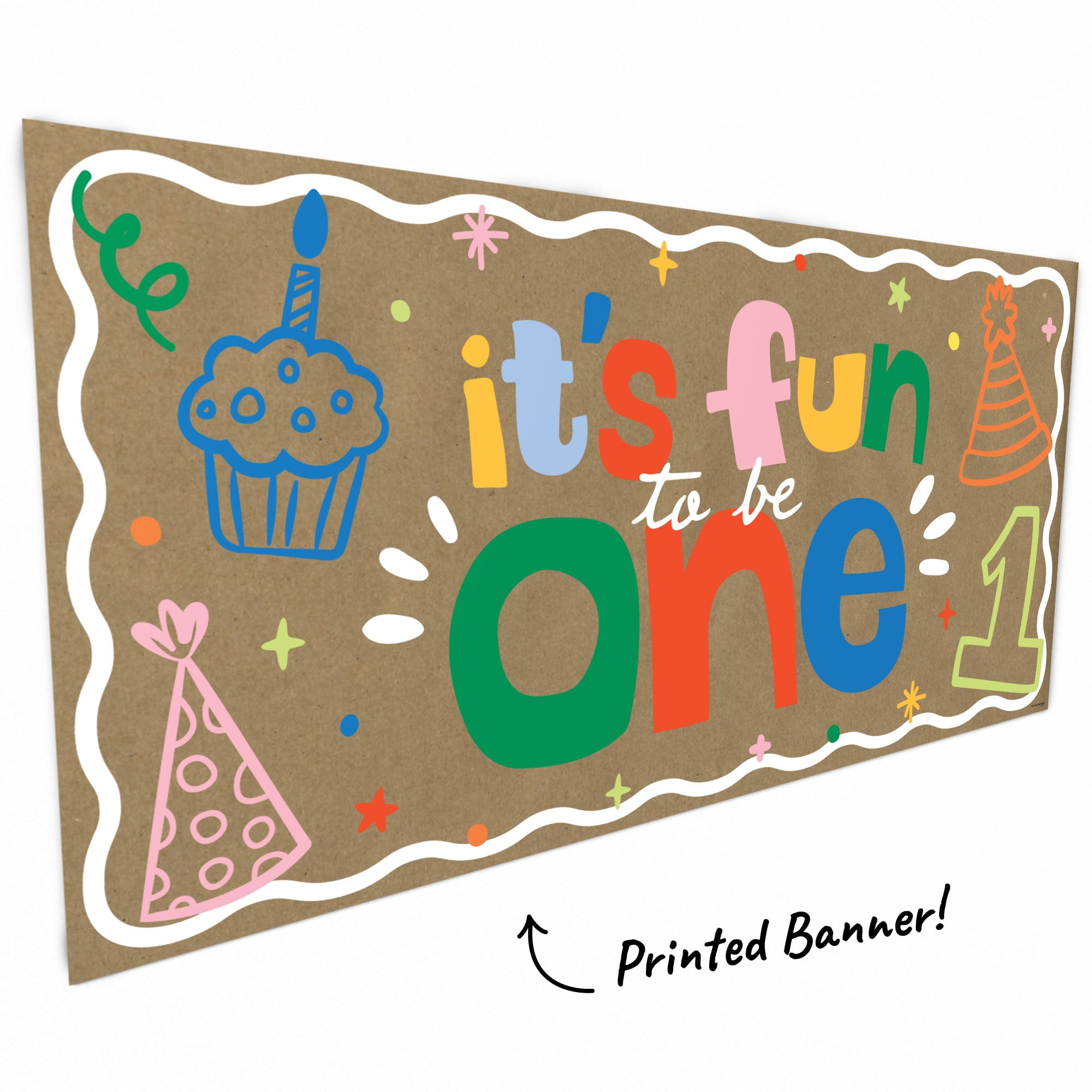 Big Dot of Happiness One is Fun 1st Birthday Kraft Paper Banner, Colorful First Birthday Party Welcome Banner, Printed Brown Paper Party Sign Decoration – 1 Count