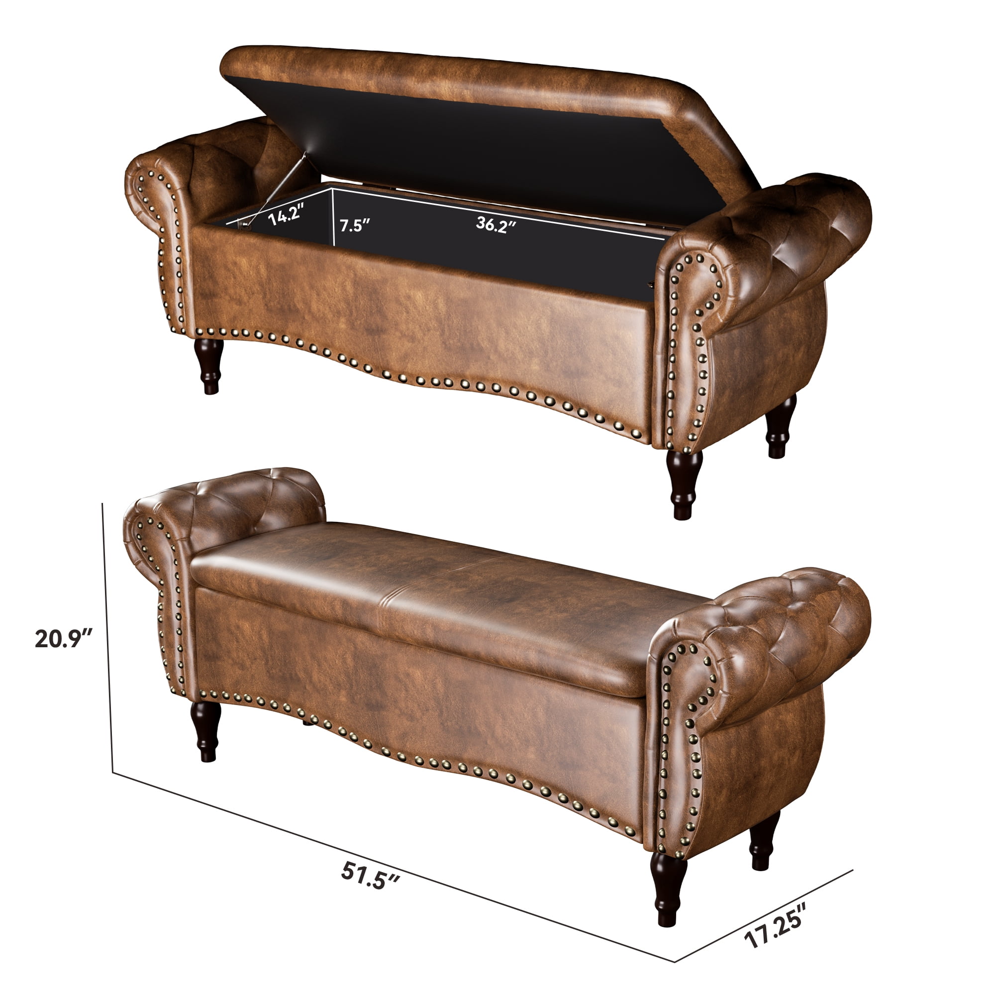 YIKEMA Upholstered PU Leather Rectangle Storage Ottoman Bench with Nailhead Trim, 51.5", Brown