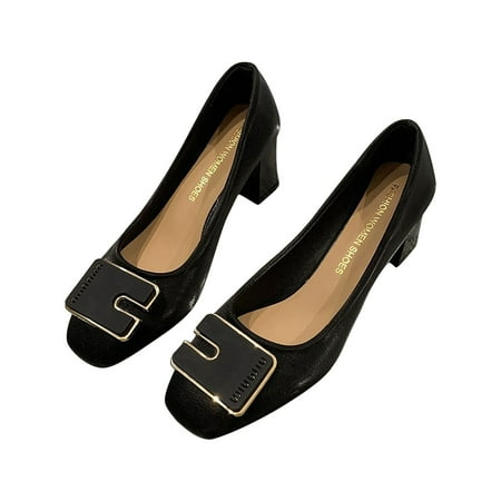 

TUTUnaumb Women s Leather Shoes Size 4.5 Head Shallow Mouth Buckle Thick Heels Four Seasons Comfortable Daily Work High Heels Women s Single Shoes Middle Heels Ladies Shoes-Black