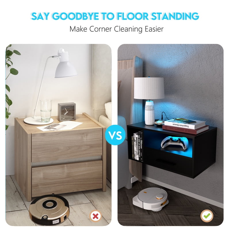 LED Nightstand with Remote Control 26.8” Modern Floating Nightstand with USB Port and Outlet for Bedroom, Black