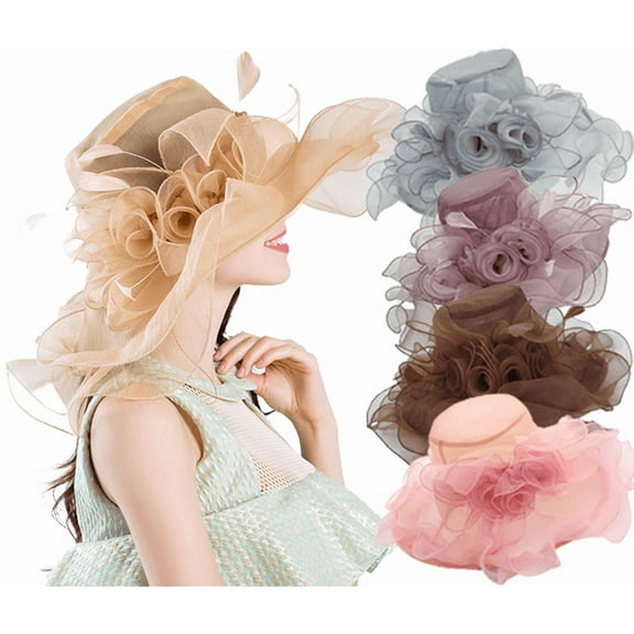 Yoyauz Women Sun Hat with Mesh Flower Decoration Wide Brim Hat Occasion Event Organza Fancy Church Dress Hat