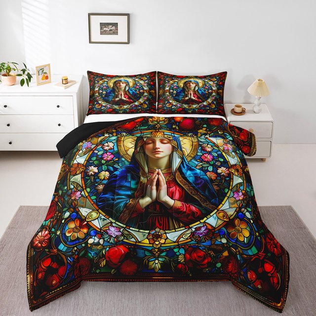Erosebridal Ensembles de Couette Religieuse Jésus Taille Grand, Ensemble de Literie Bleu Rouge Grand, Décoration de Chambre d'Adolescent, Réversible, Respirant, 3 Pcs