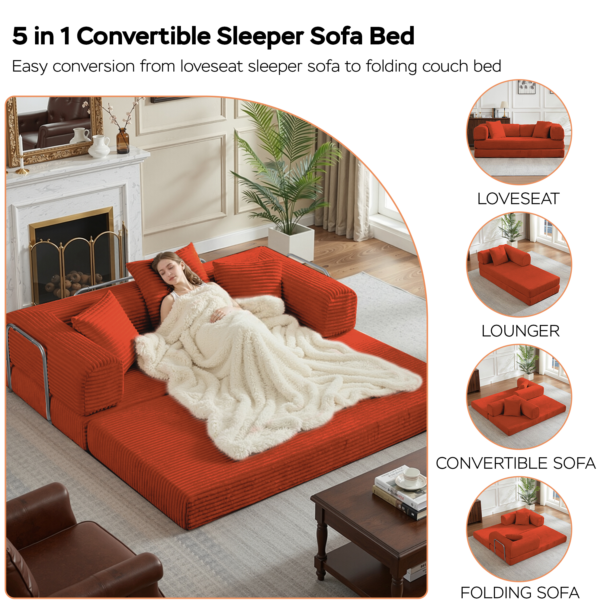 Gewnee Orange 2-in-1 Convertible Corduroy Sofa Bed with High-Density Sponge No Assembly for Apartment Dorm Office