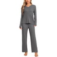 thumbnail image 1 of Pijamas INSPIRE CHIC para mujeres, conjunto de sudadera suave de waffle, de manga larga, con cuello en V, ropa de casa para otoño e invierno, color gris claro, 1 of 5