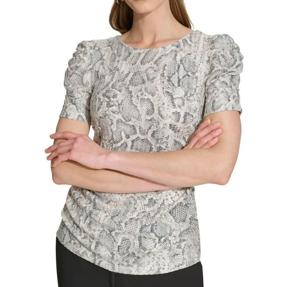 DKNY Womens Snakeskin-Print Knit Blouse, Multicoloured, Petite, PXL
