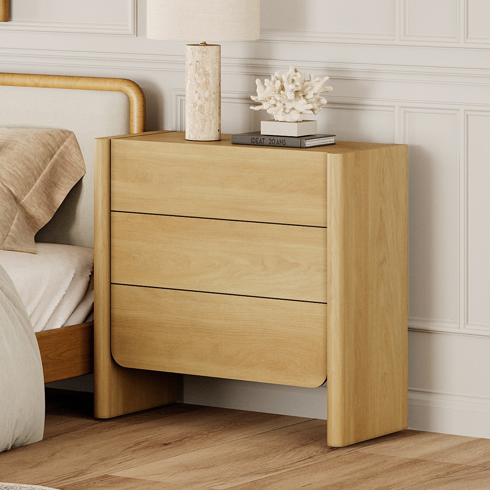 Modern French TV Stand, 31.5-Inch Media Console with 3 Push-to-Open Drawers, Supports TVs up to 36 Inches, Oak