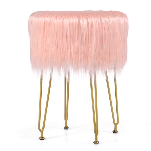 Giantex Faux Fur Vanity Stool Chair, Round Footstool Ottoman with Metal Legs, Fluffy Chair Footrest, Makeup Stool for Bedroom