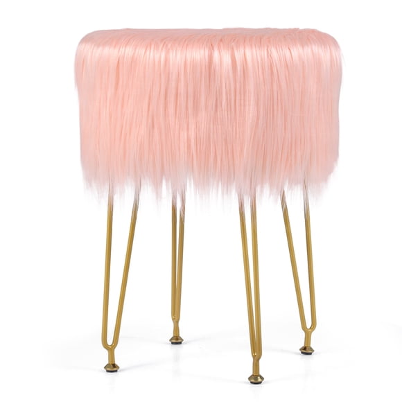 Giantex Faux Fur Vanity Stool Chair, Round Footstool Ottoman with Metal Legs, Fluffy Chair Footrest, Makeup Stool for Bedroom