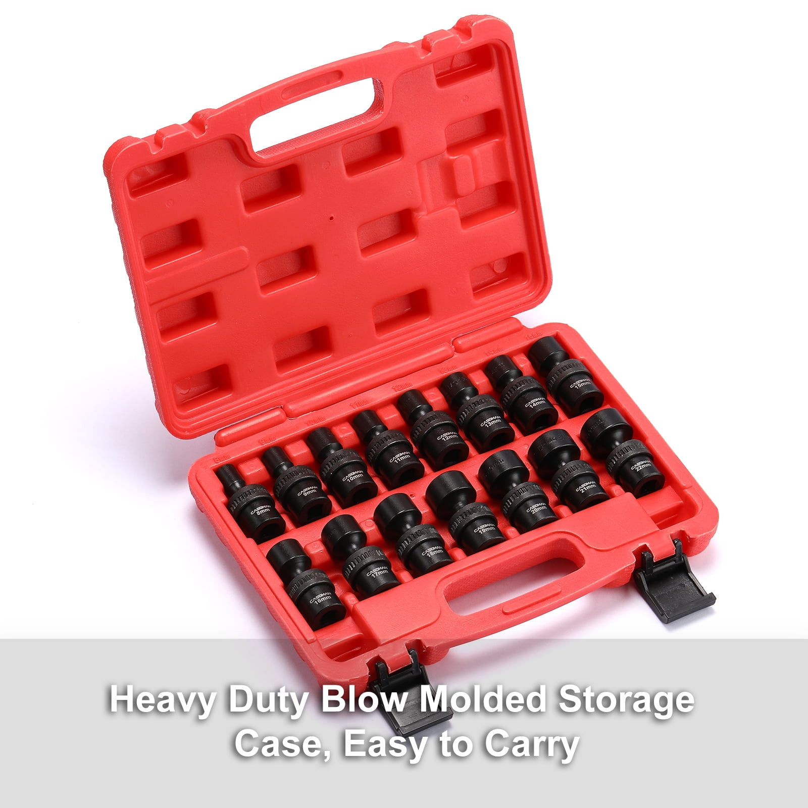 CASOMAN PRO 15 PCS 3/8" Drive Standard Universal Impact Socket Set, 6-Point, Metric, 8mm - 22mm