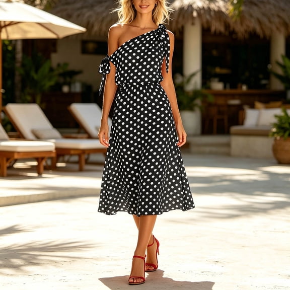 Karymi One Shoulder Polka Dot Midi Dress, Tie Strap Off Shoulder Flowy Chiffon Long Dress, Summer Casual Party Vacation Dress Easter Dresses for Women