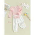 thumbnail image 3 of Bslissey Infant Baby Girls Jumpsuit Outfits Solid Color Long Sleeve Romper + Heart Print Long Pants + Bow Headband 3Pcs Clothes Set for Newborn 3M 6M 9M 12M 18M, 3 of 9