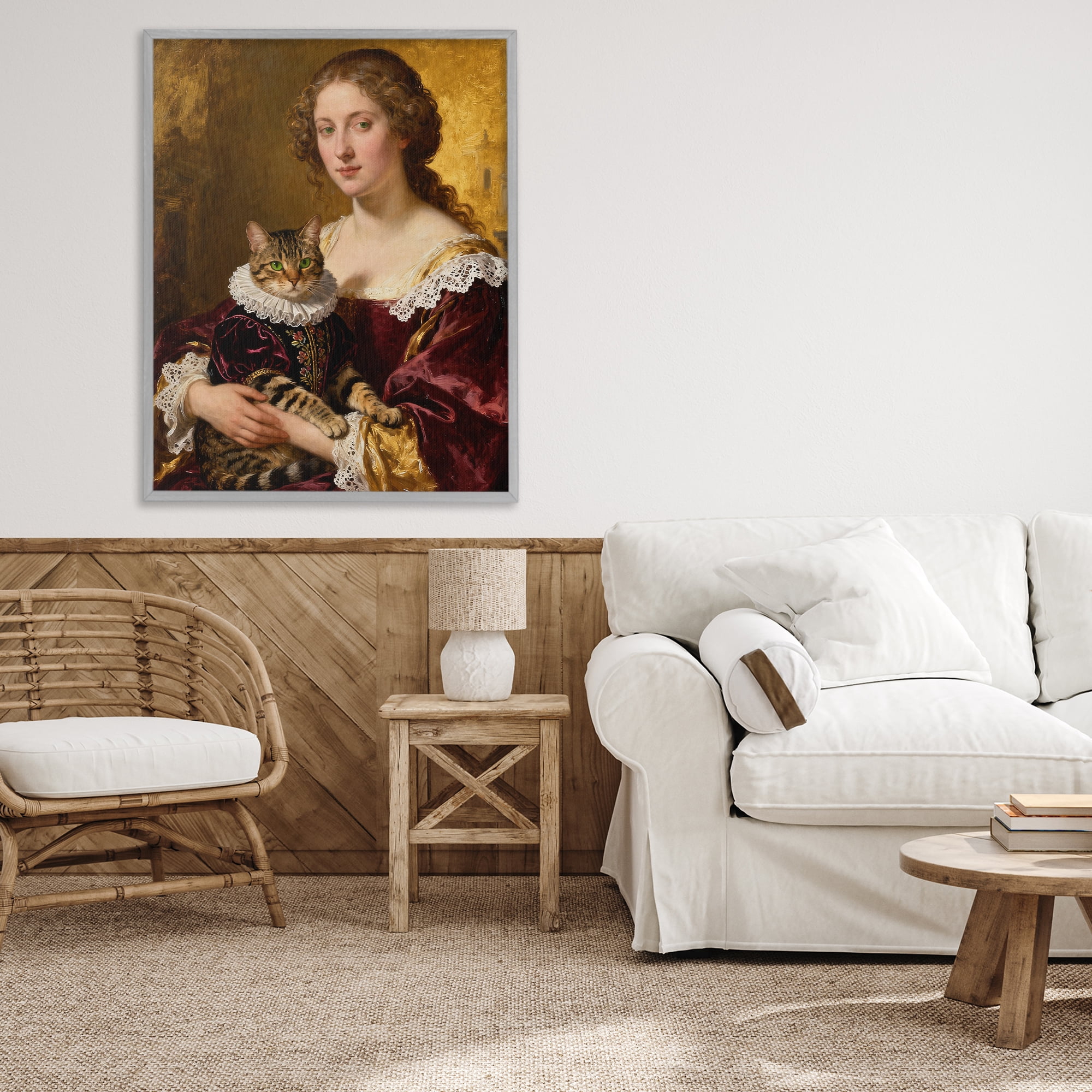 Stupell Industries Renaissance Lady with Regal Cat Gray Framed Giclee Art, design by CAD Designs