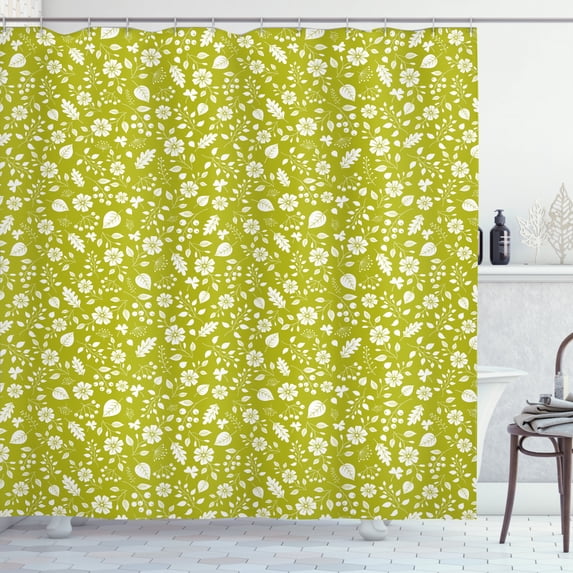 Botanical Shower Curtain, Monochrome Pattern of Flowers Berries and Leaves Budding Elements, Fabric Bathroom Set with Hooks, 69W X 75L Inches Long, Yellow Green and White, by Ambesonne
