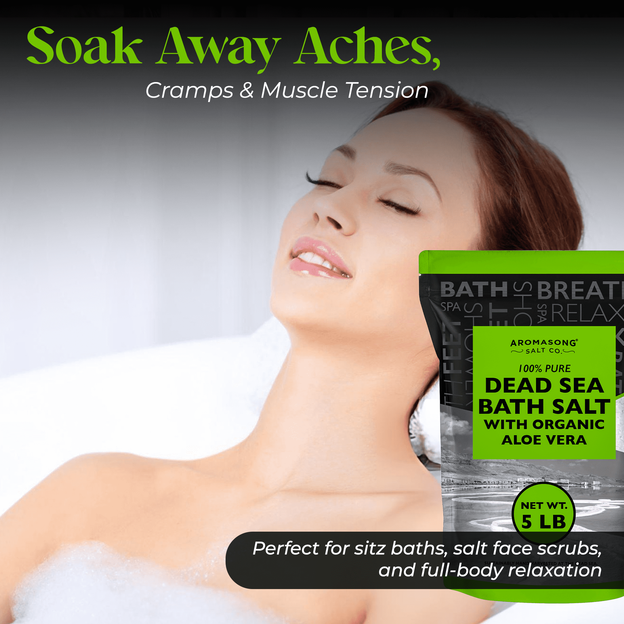 Aromasong Dead Sea Salt with Aloe Vera, 5 lb Fine Grain Bath Salt, 100% Natural, Resealable Pack for Soak & Scrub