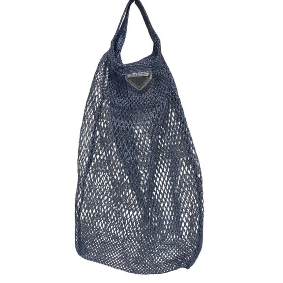 Pre-Owned PRADA Triangle Plate Mesh Bag Mini Metallic Color Light Blue Women's