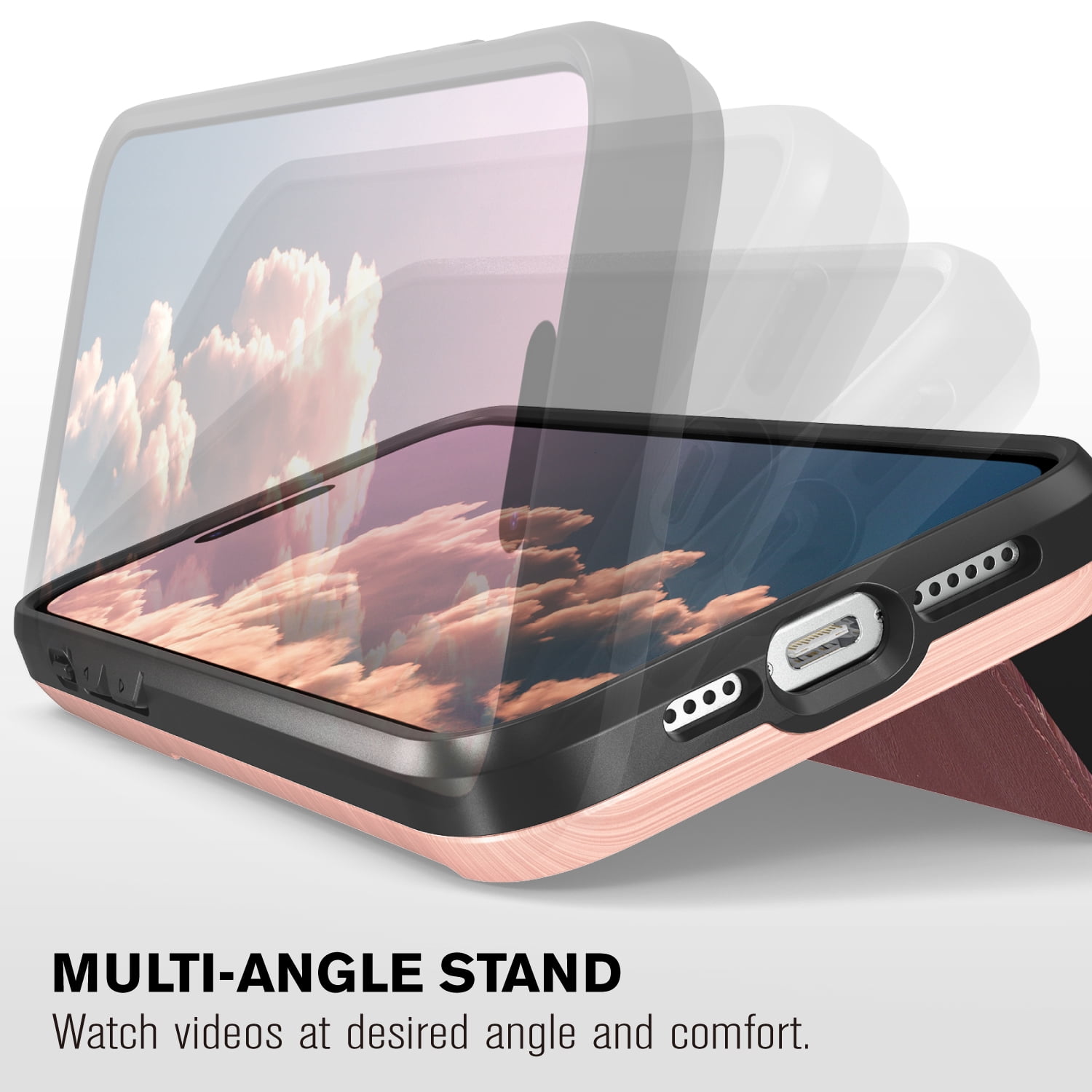 VENA vCommute Wallet Case Compatible with Apple iPhone 15 Pro Max (6.7"), (Military Grade Drop Protection) Flip Leather Cover Card Slot Holder with Kickstand - Rose Gold / Red / Black